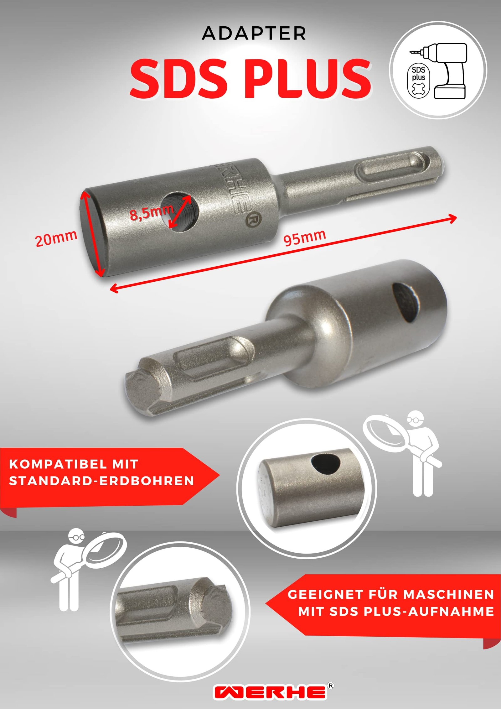 WERHE Profi Erdbohrer Adapter Set passend für SDS Plus Bohrhammer Pfahlbohrer und auch für SDS Max Akkubohrmaschine Mit 2tlg. Bolzen aus hochwertigem Federstahl - Image 8
