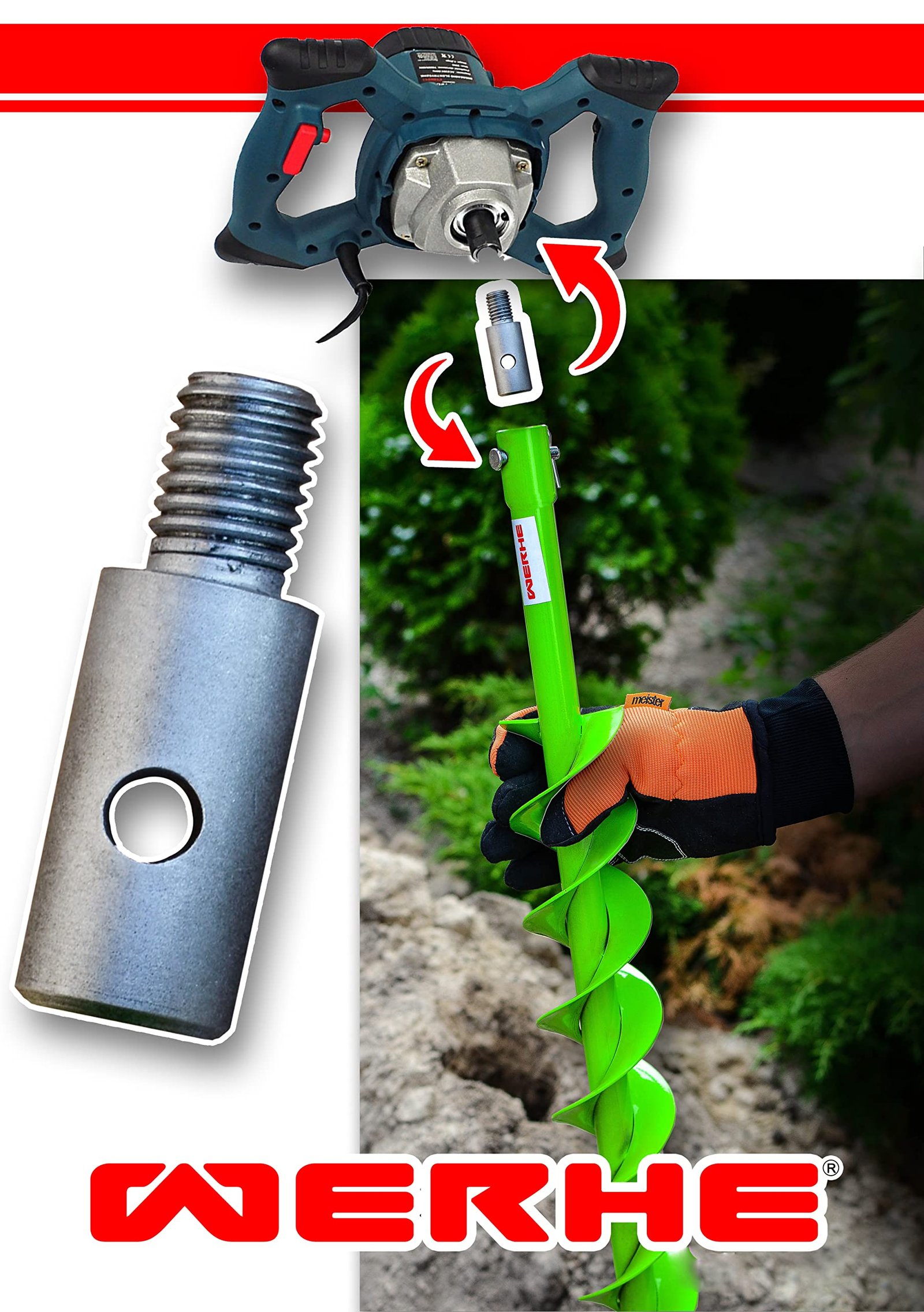 WERHE® Profi Bohrer, Erdbohrer für bohrmaschine 120 mm DoppelWelle robust mit m14 Adapter - Pfahlbohrer Brunnenbohrer präzise Bohrspitze. - Image 8