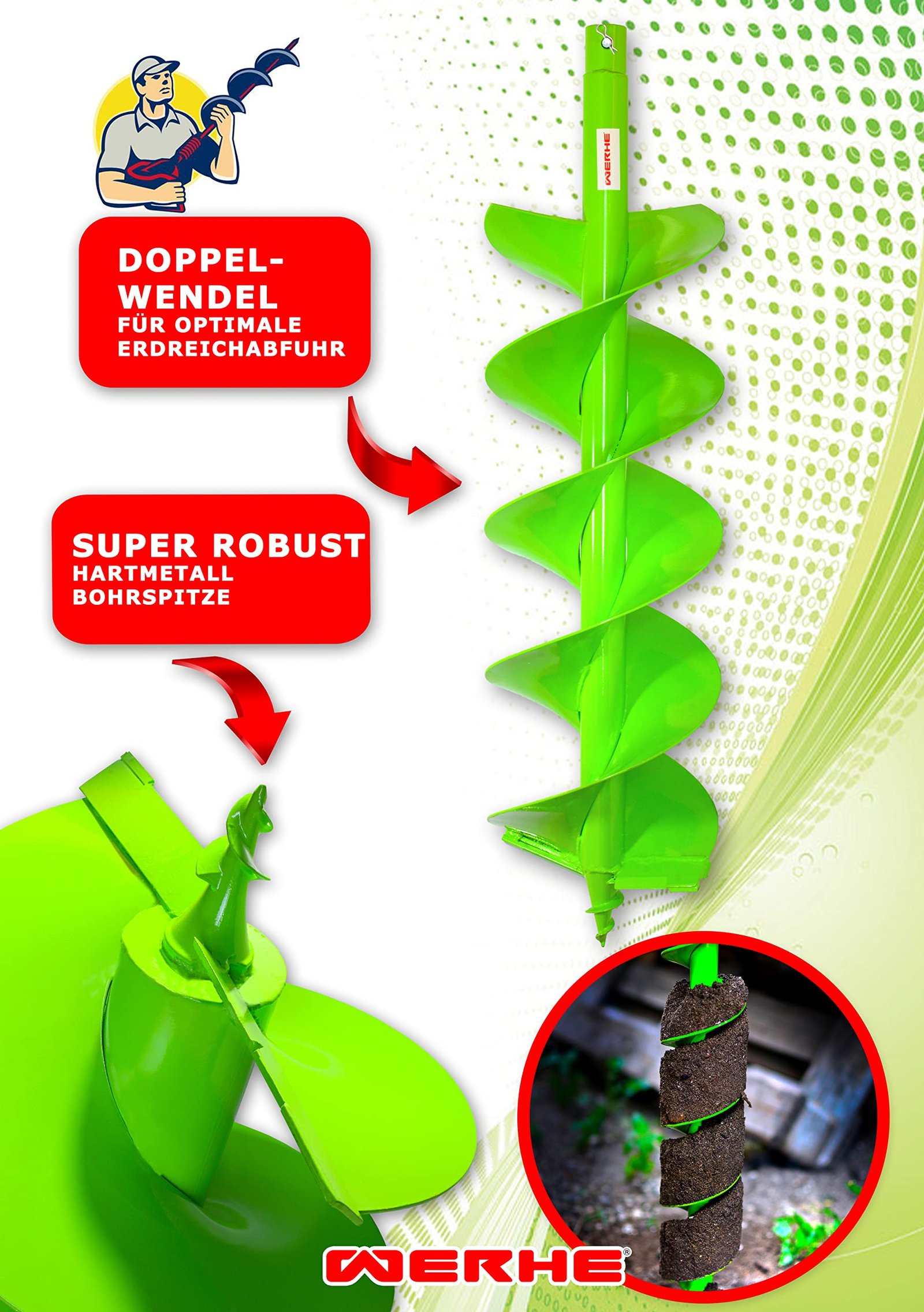 WERHE® Profi Bohrer Starker Stahl, Erdbohrer für bohrmaschine 200 mm Doppel-Welle extrem robust mit SDS Max Adapter - Pfahlbohrer Brunnenbohrer präzise Bohrspitze. - Image 8